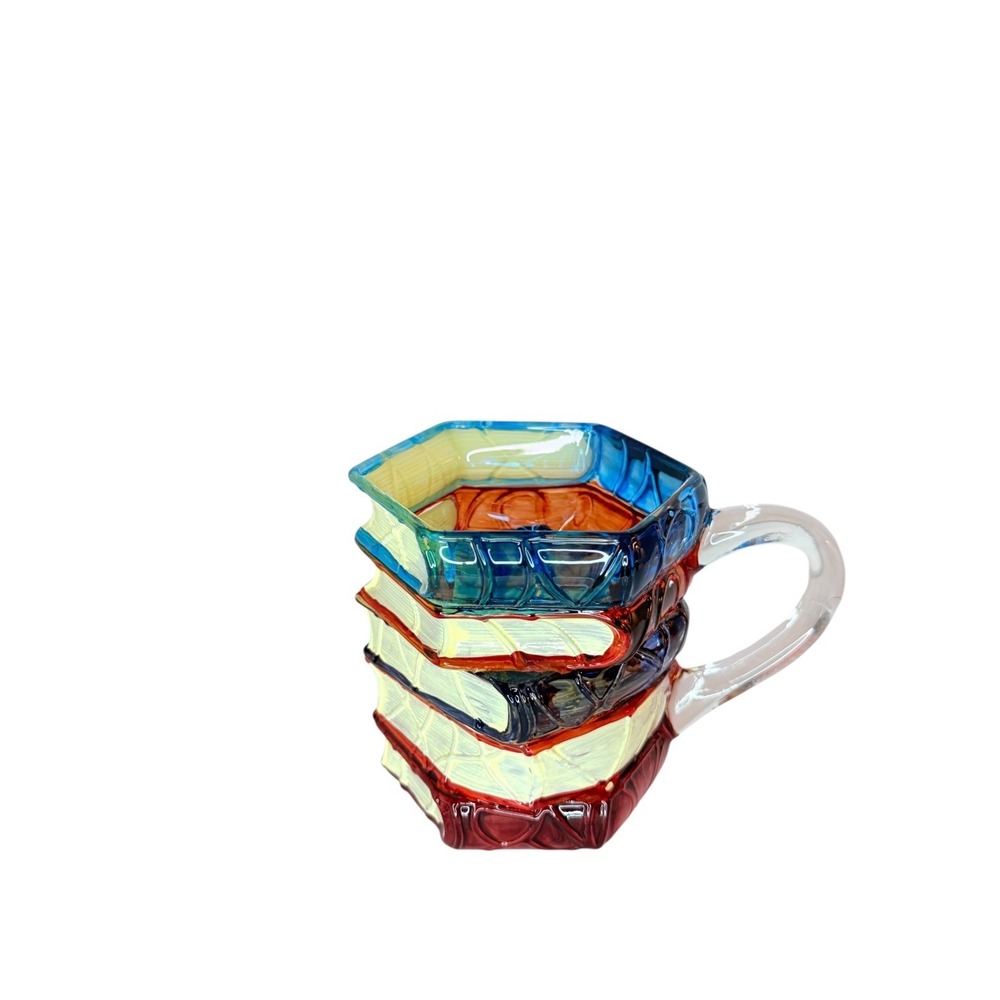 Stacked Books Glass Coffee Mug Multicolor Bibliophile Reader Gift Whimsical 12oz